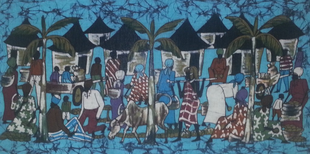 Images depicting an African village on a tapestry.